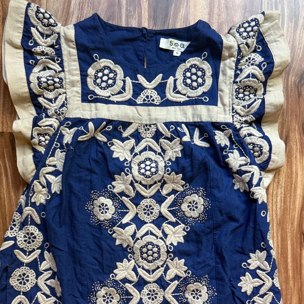 Sea NY Embroidered Indigo Blue Manuela Tunic Mini Dress M - Picture 4 of 13